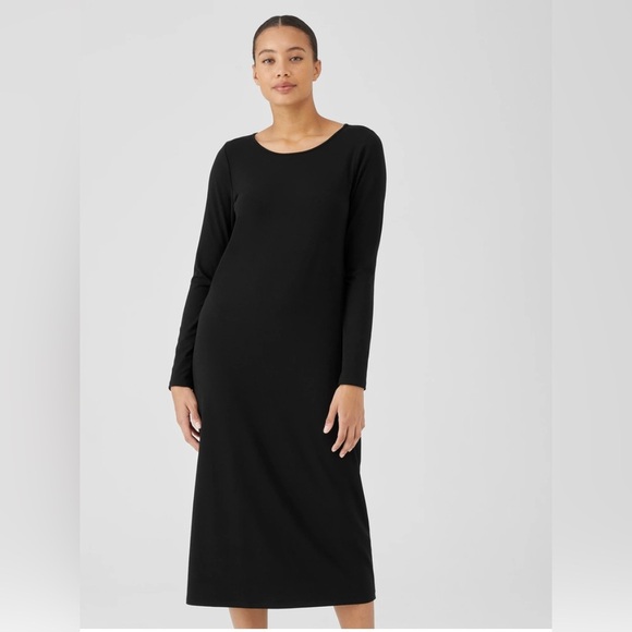 NEW Eileen Fisher Stretch Jersey Knit Jewel Neck Dress Black Size Large - Picture 2 of 10